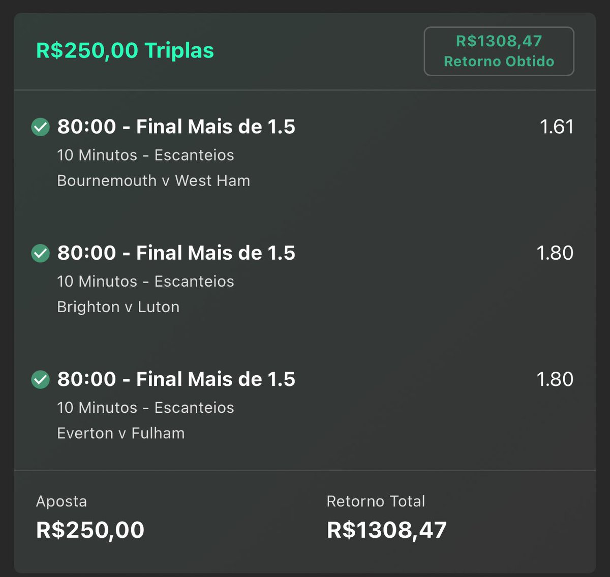 Coringadabet's tweet photo. #PremierLeague MEU AMOR 💚

1º RODADA COM DIREITO A DUAS ODD 5 ✅
Isso tudo mandei no meu grupo grátis pra mais de 85 mil pessoas. 

Link na bio. https://t.co/SyS04rKLZS