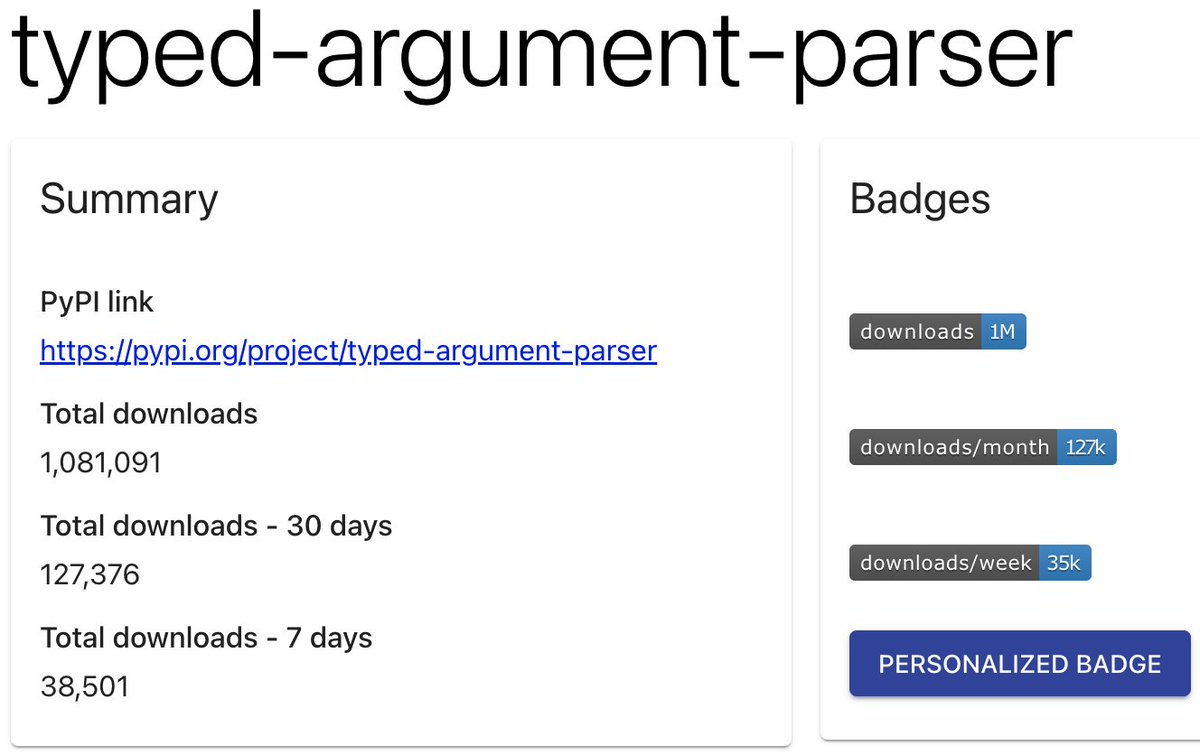 @KyleWSwanson and I started down a dangerous road (argparse) and ended up on a beautiful mountain (Tap). We're excited to celebrate 1 million downloads of Tap, a typed argument parser! We are grateful to the many contributors and users. github.com/swansonk14/typ…