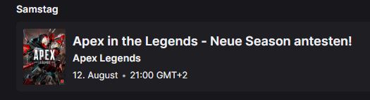 So roundabout 21 Uhr.
Muss noch Update ziehen.
Mal schauen ob ich Apex verlernt hab und wie die neue Season so ist.
Vielleicht auf Spontan dann noch irgendwas anderes! Aber erstmal rein in apex in the legends! 
twitch.tv/madrox_667
auf entspannt, bis später!