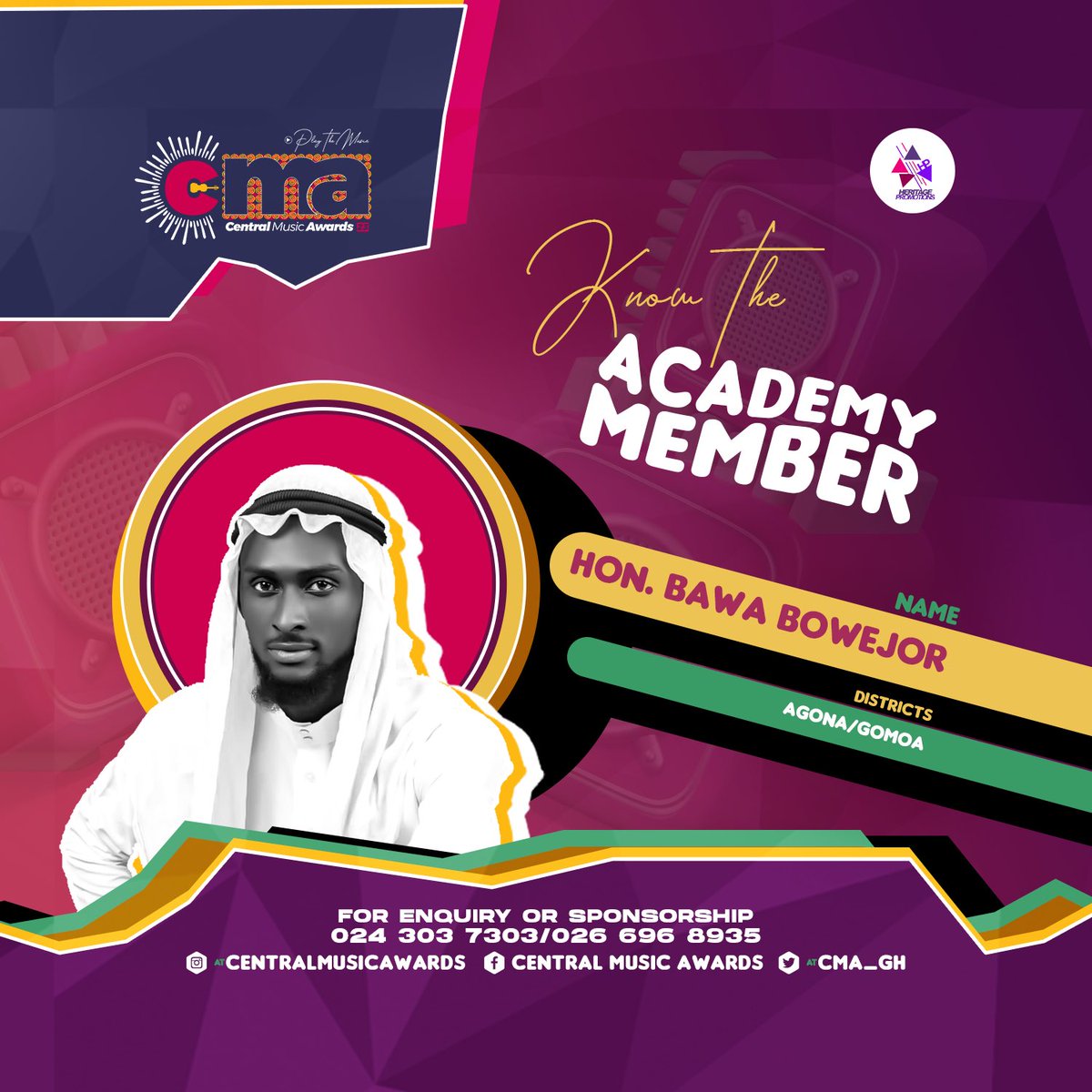 Renowned entertainment presenter, <a href="/BawaBowejor/">De TurnUp Messiah</a> serves as our Academy Representative for the Agona and Gomoa districts. 

NB: nominations for the 12th Central Music Awards open on Monday, August 28th, 2023. 

The <a href="/CMA_Gh/">𝐂𝐞𝐧𝐭𝐫𝐚𝐥 𝐌𝐮𝐬𝐢𝐜 𝐀𝐰𝐚𝐫𝐝𝐬 2025</a> is powered by <a href="/heritagepromogh/">Heritage Promotions</a> 

 #CMA23 #PlayTheMusic