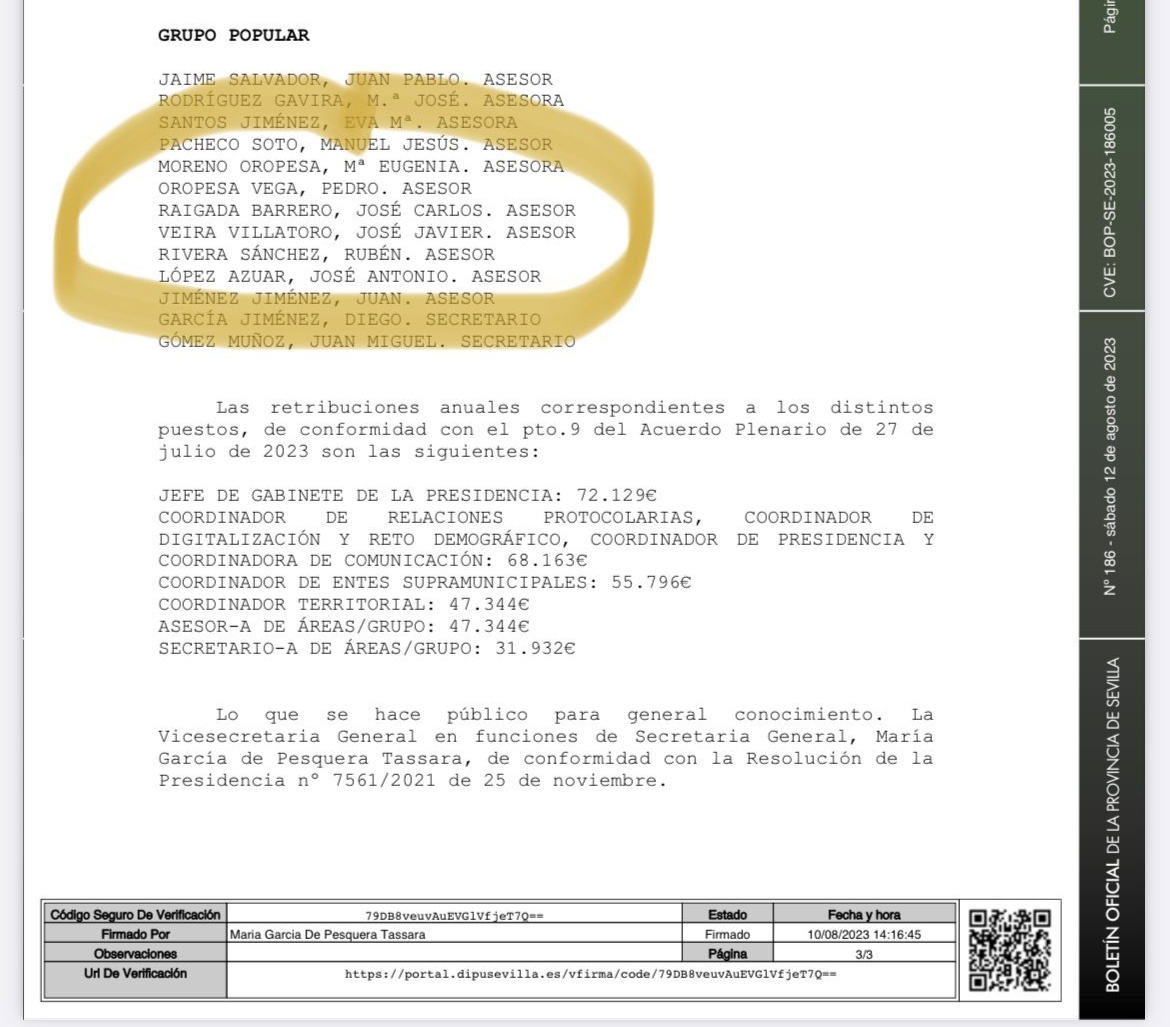 Se ha negado a contestar de qué va a vivir y ha atacado a quienes le preguntaban. Por fin nos enteramos de que <a href="/maruhuevar/">Mª Eugenia Moreno</a> seguirá cobrando un sueldo público. 47.344€ de la Diputación de Sevilla como asesora del PP. La cifra supera el máximo que podía cobrar como alcaldesa.