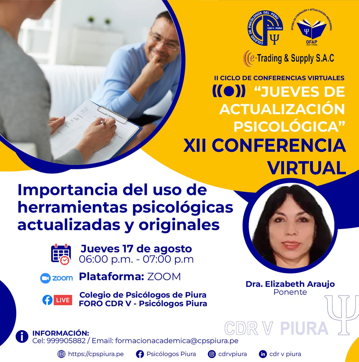 etradingperu's tweet photo. Charla Informativa "Importancia del Uso de Herramientas Psicologicas actualizadas y Originales"

Dia: Jueves, 17 de Agosto de 2023
Hora: 18:00 PM (Hora Perú)
Modalidad: Via Zoom
Ponente: Dra. Elizabeth Araujo

 📲WhatsApp: +511 957 330 790
 📨Email: info@e-trading.pe https://t.co/rPkR0ky3LA