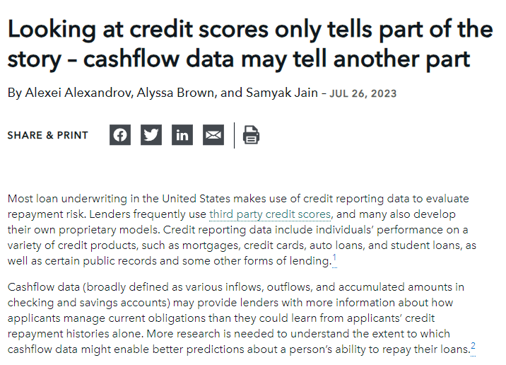 The fintech world has been buzzing about the CFPB's latest work on cashflow underwriting 👀 Check out this post by Alexandrov Brown Jain using the innovative Making Ends Meet Survey linked to credit records showing that self-reported cashflow proxies predict delinquency /Thread