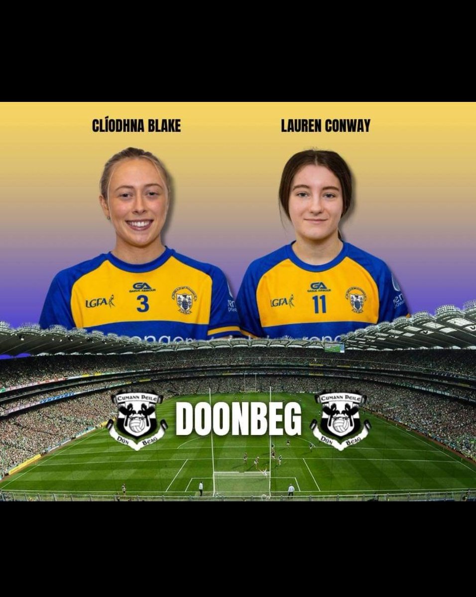 The very Best of Luck to the Clare Ladies playing in the All Ireland Final tomorrow. Of course a special mention to both Cliodhna and Lauren who will proudly represent our club at Croker.
Great achievement!
Up the Banner 💛💙

🗓️Sunday 13th August
⏰1:45PM
📍Croke Park, Dublin