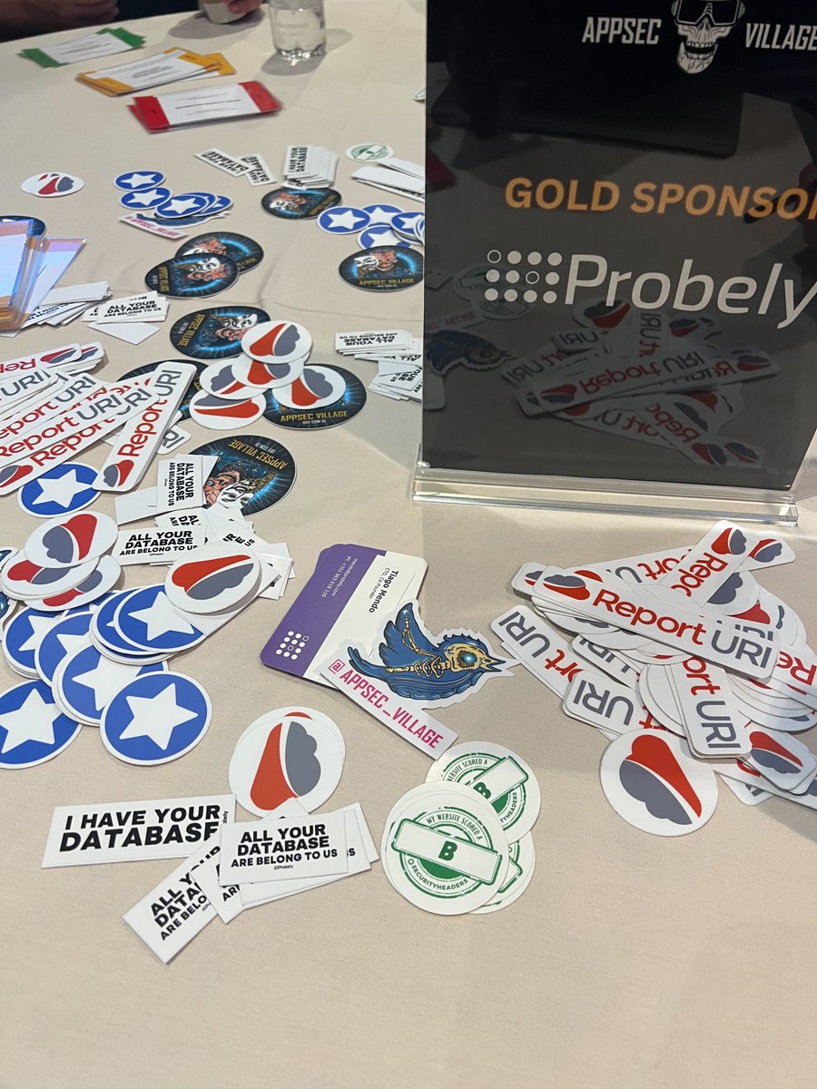 probely's tweet photo. Find @probely at the Appsec Village at DEF CON today until 3pm, and tomorrow from 10am to 12pm - Test your Appsec knowledge by playing our Ultimate Appsec Challenge. We've also got all the stickers you need! 

#stickerswap #DEFCON #DEFCON2023 #Probely https://t.co/ZP31Zyf3RW