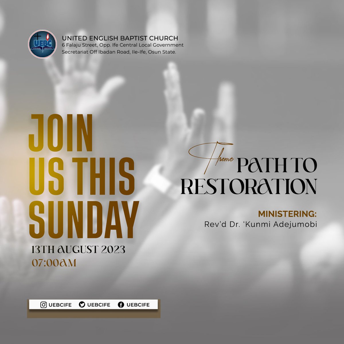 Uebcife's tweet photo. Join us this Sunday at our church as we delve into a powerful topic: "The Path to Restoration." It's a momentous opportunity to come together as a community and explore the transformative journey towards healing, renewal, and spiritual growth.

All are welcome. See you there! https://t.co/t3MpH6JHgw