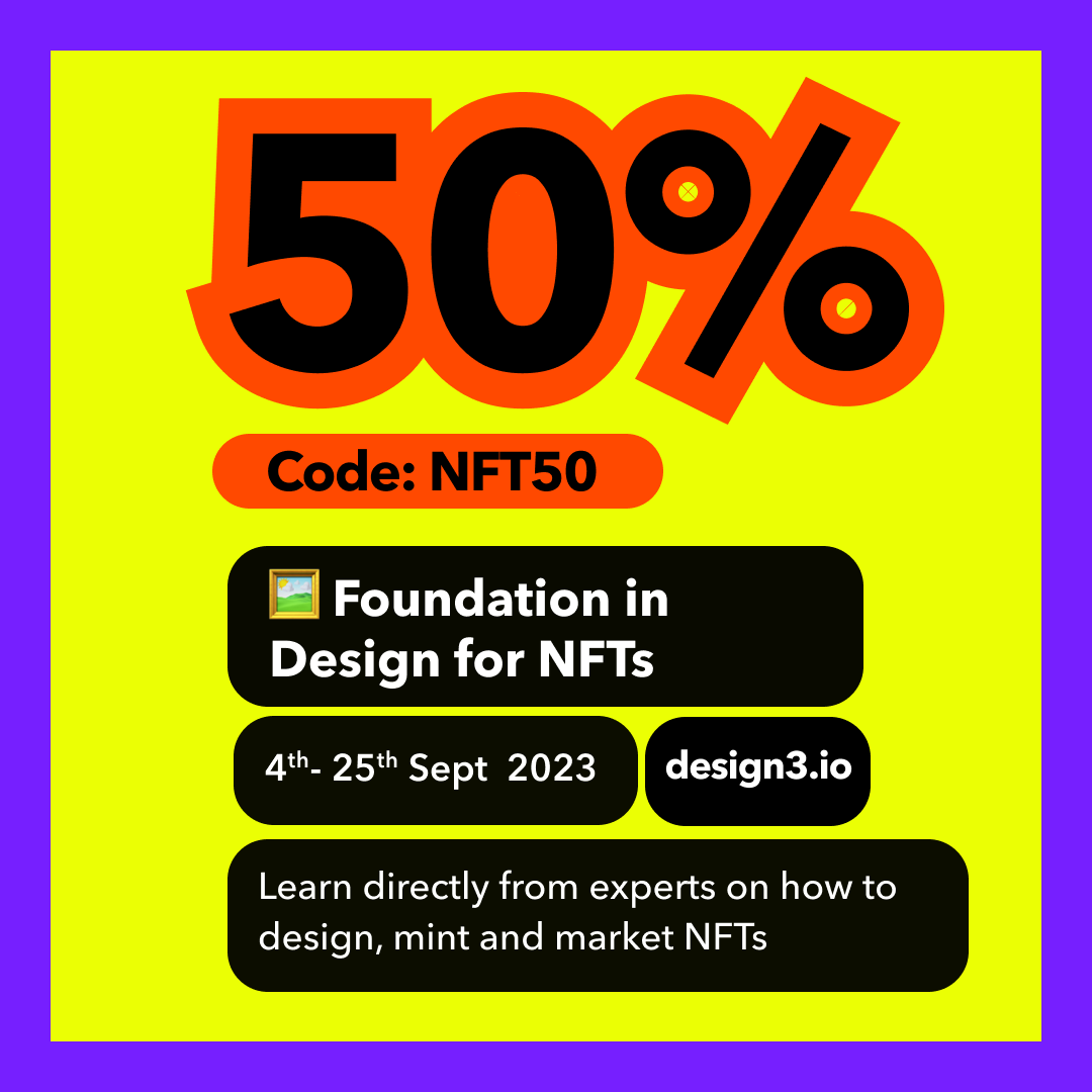 Design3_network's tweet photo. This 4 week part-time course is designed by the amazingly talented @shreya_bhan
and is filled with resources and knowledge to help you design NFT services and collections.
⚡️Accelerate your career
🎟https://t.co/1ewD49EyQa
#nft #ai #design3 https://t.co/97ahZX4DJz