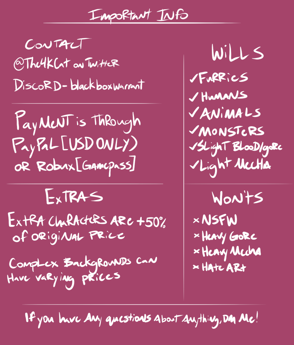 The4kCat's tweet photo. updated comms sheet cuz my other one is super old lmfao
dm me if interested!!!
#robuxcommissions #robloxcommissions #robloxartcommissions https://t.co/Z41I7eOVsS