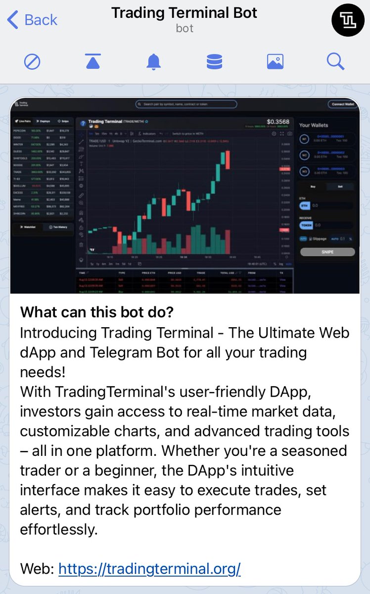 TradinTerminal's tweet photo. $TRADE We have our web3 app which was live as we initially launched, now we’d like to announce our Telegram Bot is also now officially live. 
Two working, fast and efficient products battle ready! 

https://t.co/VfZgv6yDnV https://t.co/7UxAOy9LF9