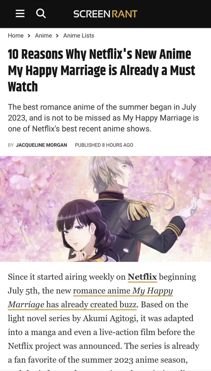 DamienHaas's tweet photo. Y’all, I’m heckin’ HAPPY. 

My Happy Marriage just got a lovely write up from @screenrant. Beyond this, I’m just blown away by the positive response this show has been receiving. Thank you for supporting it, and I hope you continue to enjoy! 

So honored to play Kiyoka. 💜 https://t.co/W4MWYXk0mr