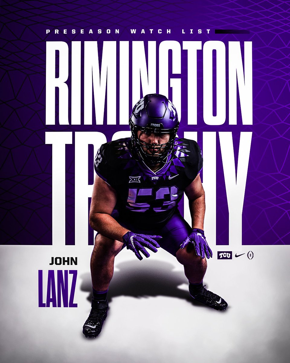 TCUFootball's tweet photo. Center stage 👀

@JohnLanzIV has been named to the @rimingtontrophy Preseason Watch List! 

#GoFrogs | #AllSteakNoSizzle https://t.co/2B8CV00Qtk