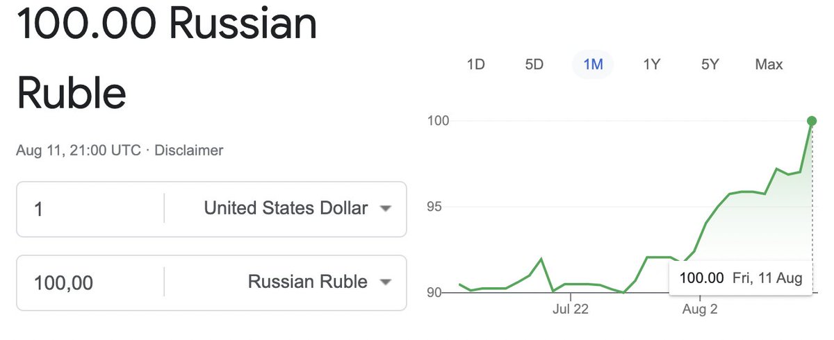 RFE about the story of ruble in 1991:
"The ruble continued to tumble for the rest of the year .... By early Dec 1991, the ruble was valued at nearly 100 to the dollar. Later in the month, the Soviet Union ceased to exist."
1 dollar is 100 rubles today.