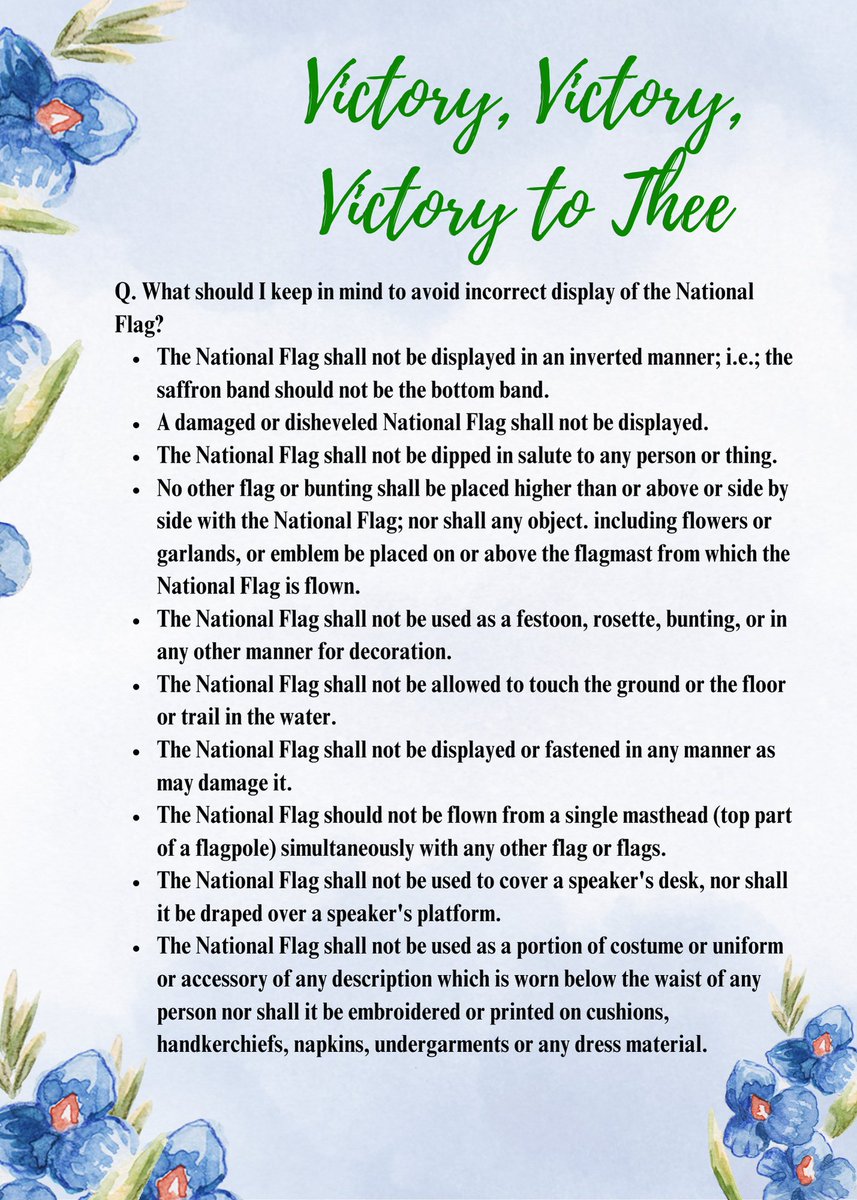 🇮🇳🇮🇳 हर घर तिरंगा 13-15 Aug 23 सीखिए राष्ट्र ध्वज का सम्मान ✖️उल्टा/क्षतिग्रस्त ध्वज ✖️राष्ट्र ध्वज से ऊपर अन्य ध्वज/पुष्प/चिन्ह ✖️सजावट के लिए राष्ट्र ध्वज ✖️भूमि/जल सतह को छूता राष्ट्र ध्वज ✖️एक ही फ्लैग पोल पर राष्ट्र ध्वज के साथ अन्य ध्वज तिरंगा WITH DUE HONOUR #TirangaMbd