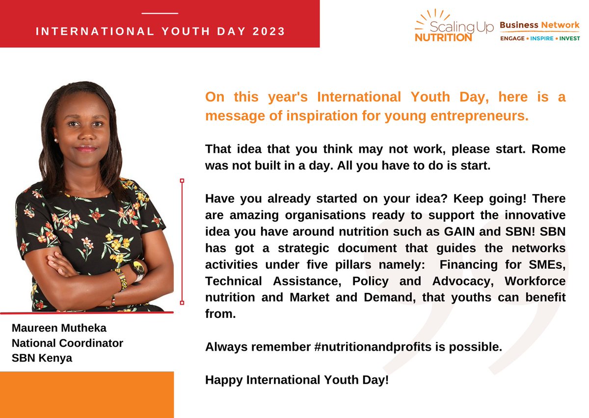 As we continue to celebrate International Youth Day, <a href="/KenyaSbn/">SBN Kenya</a> Coordinator shares an inspirational message and opportunities available within SBN to the Youths. Read more: sunbusinessnetwork.org/stories/celebr…
<a href="/GAINAlliance_KE/">GAIN Kenya</a> 
<a href="/GAINalliance/">GAIN</a> <a href="/SUN_Movement/">Scaling Up Nutrition (SUN) Movement</a> 
#InternationalYouthDay2023 #Youths