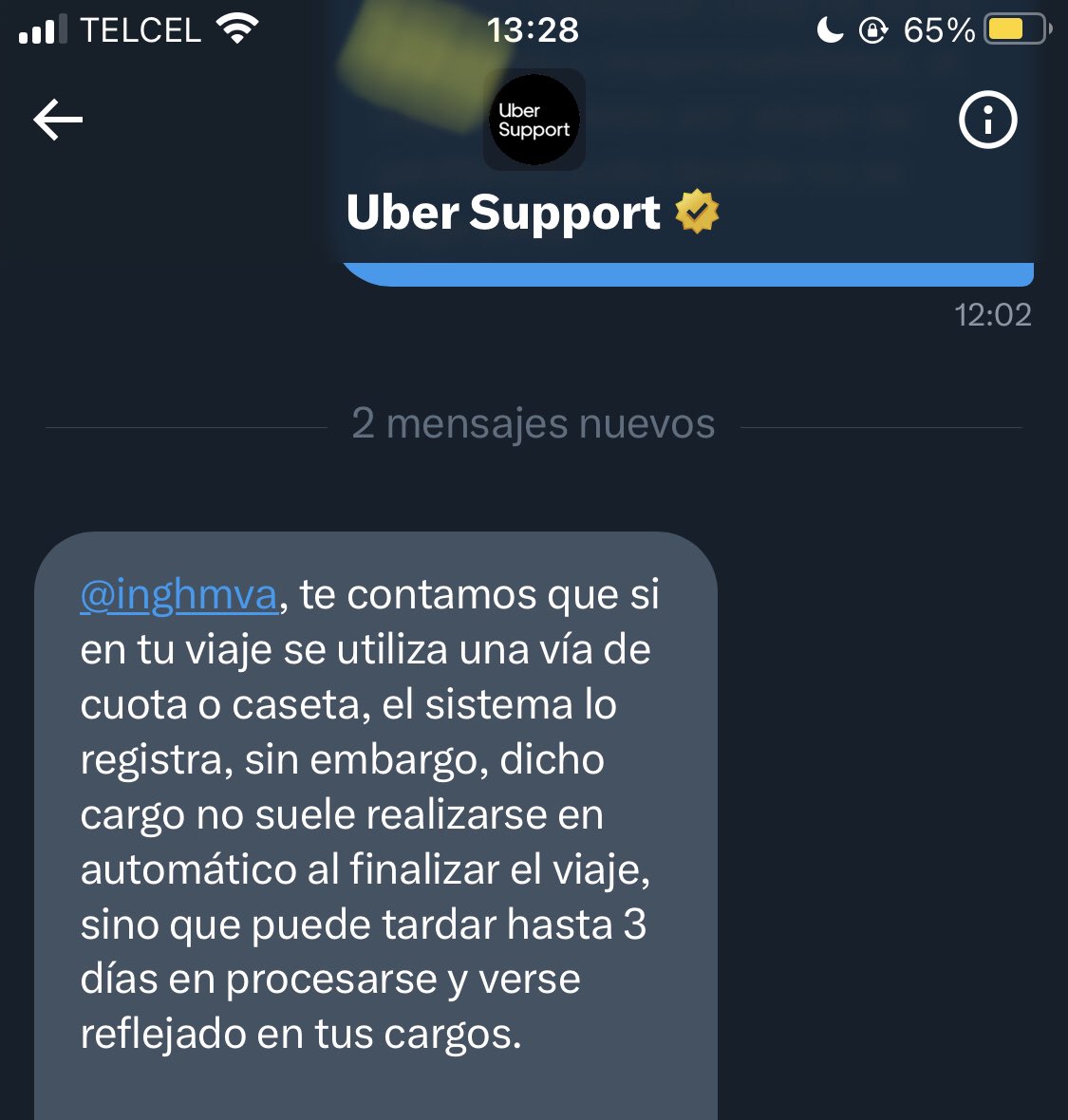 inghmva's tweet photo. @Uber_Support En verdad el problema con su soporte es que no leen y solo pegan plantillas @Uber_Support https://t.co/RNxEGEP94v