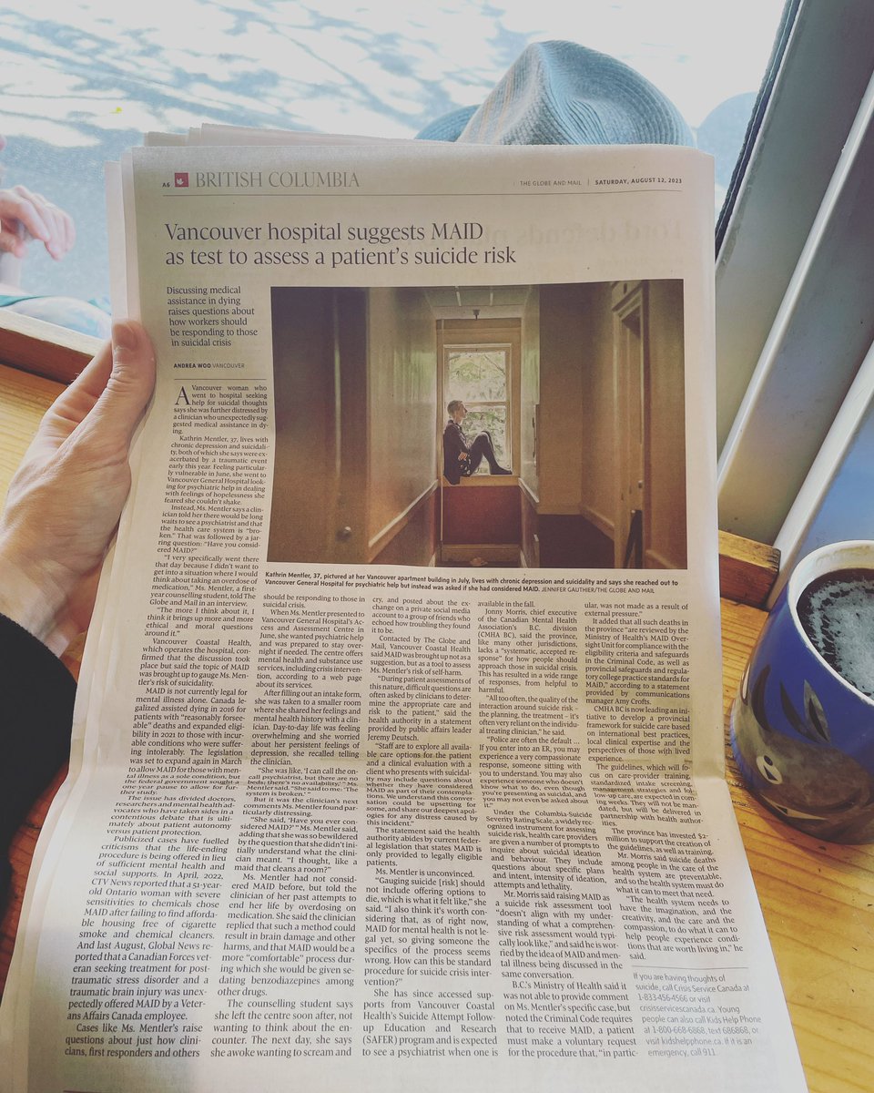 KMentler's tweet photo. Globe &amp; Mail today 🗞️

incredibly thankful to the amazing @AndreaWoo for telling my story 🙏 and @Jen_Gauthier for taking this captivating picture 📷

#SuicidePrevention #SuicideResponse #MAiD #cndpoli https://t.co/D8uOGe33aa