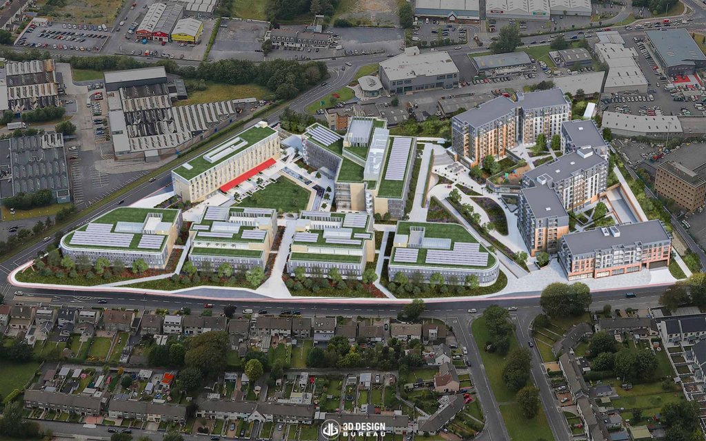 3ddesignbureau's tweet photo. Check out these stunning #architecture #CGI visuals we made for a €200M Galway project! Our comprehensive solutions include VVMs, aerial & interior CGIs, and a 3D walk-through. This development is now under construction. #3DDB https://t.co/h3kOJuCTrT