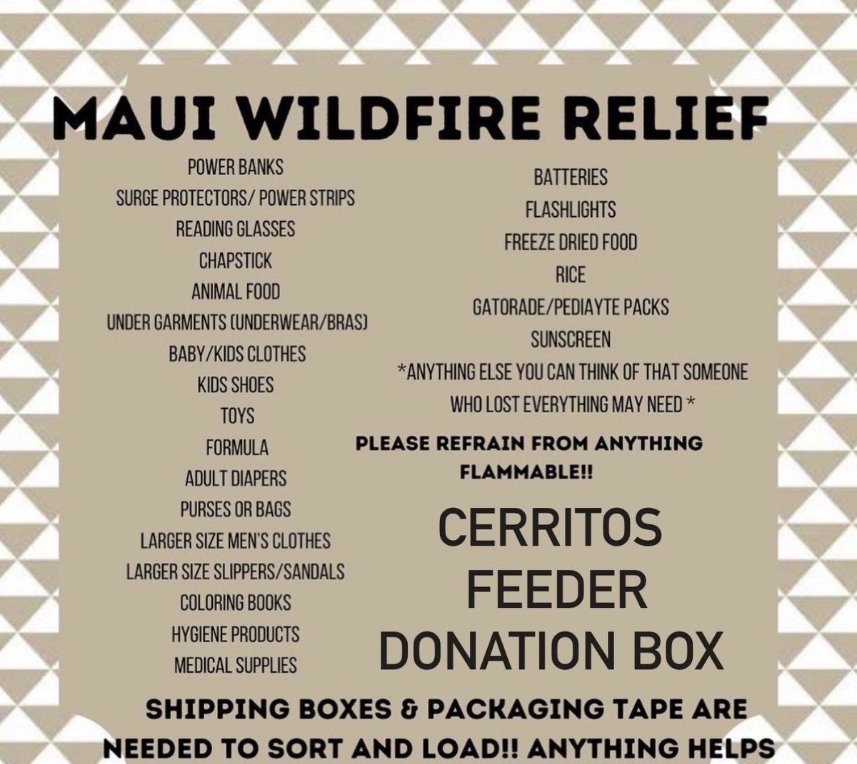 UPS Cerritos Feeder (@upscerritosfdr) on Twitter photo Please join Cerritos Feeder in helping those in need that have lost everything during the wildfires on Maui. Anything helps- new or slightly used. There will be donation boxes set up at Cerritos FDR dispatch until Friday 8/17🫶🏽
<a href="/divine2wincom/">Trina Norman</a> <a href="/UPSJPipkin/">John Pipkin</a> <a href="/DeGo40854/">De Angelo Gomez</a> <a href="/MariaSolTru78/">Maria Trujillo</a> Please join Cerritos Feeder in helping those in need that have lost everything during the wildfires on Maui. Anything helps- new or slightly used. There will be donation boxes set up at Cerritos FDR dispatch until Friday 8/17🫶🏽
<a href="/divine2wincom/">Trina Norman</a> <a href="/UPSJPipkin/">John Pipkin</a> <a href="/DeGo40854/">De Angelo Gomez</a> <a href="/MariaSolTru78/">Maria Trujillo</a>