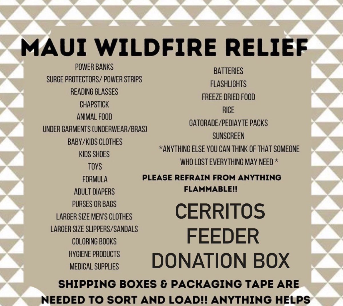 Please join Cerritos Feeder in helping those in need that have lost everything during the wildfires on Maui. Anything helps- new or slightly used. There will be donation boxes set up at Cerritos FDR dispatch until Friday 8/17🫶🏽 @divine2wincom @UPSJPipkin @DeGo40854 @MariaSolTru78