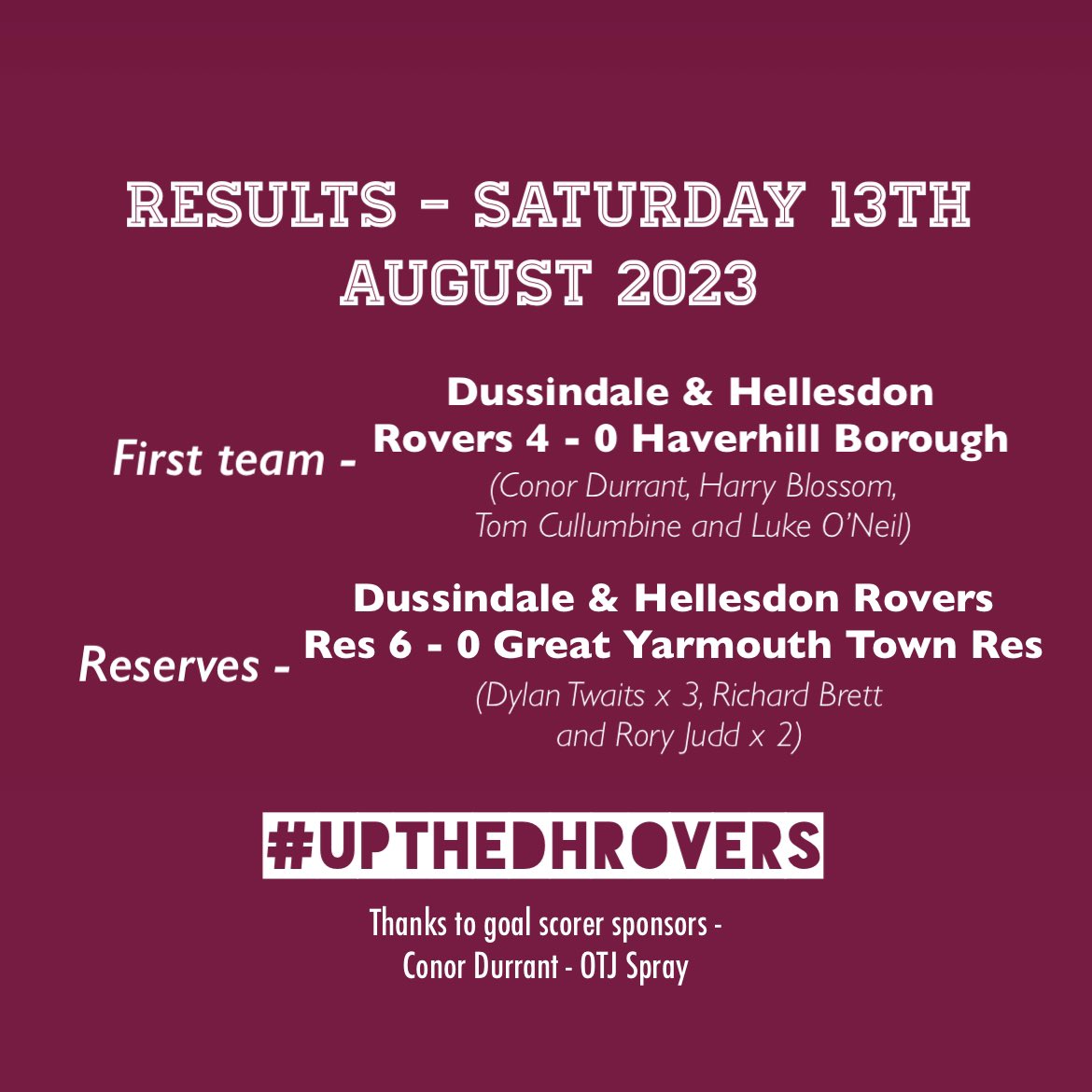 DussyRoversFC's tweet photo. Results from this afternoon! Big wins and clean sheets for the first team and reserves! Well done to the lads and thanks for the support 👏🏻 #UpTheDHRovers https://t.co/wc98PjrmSe