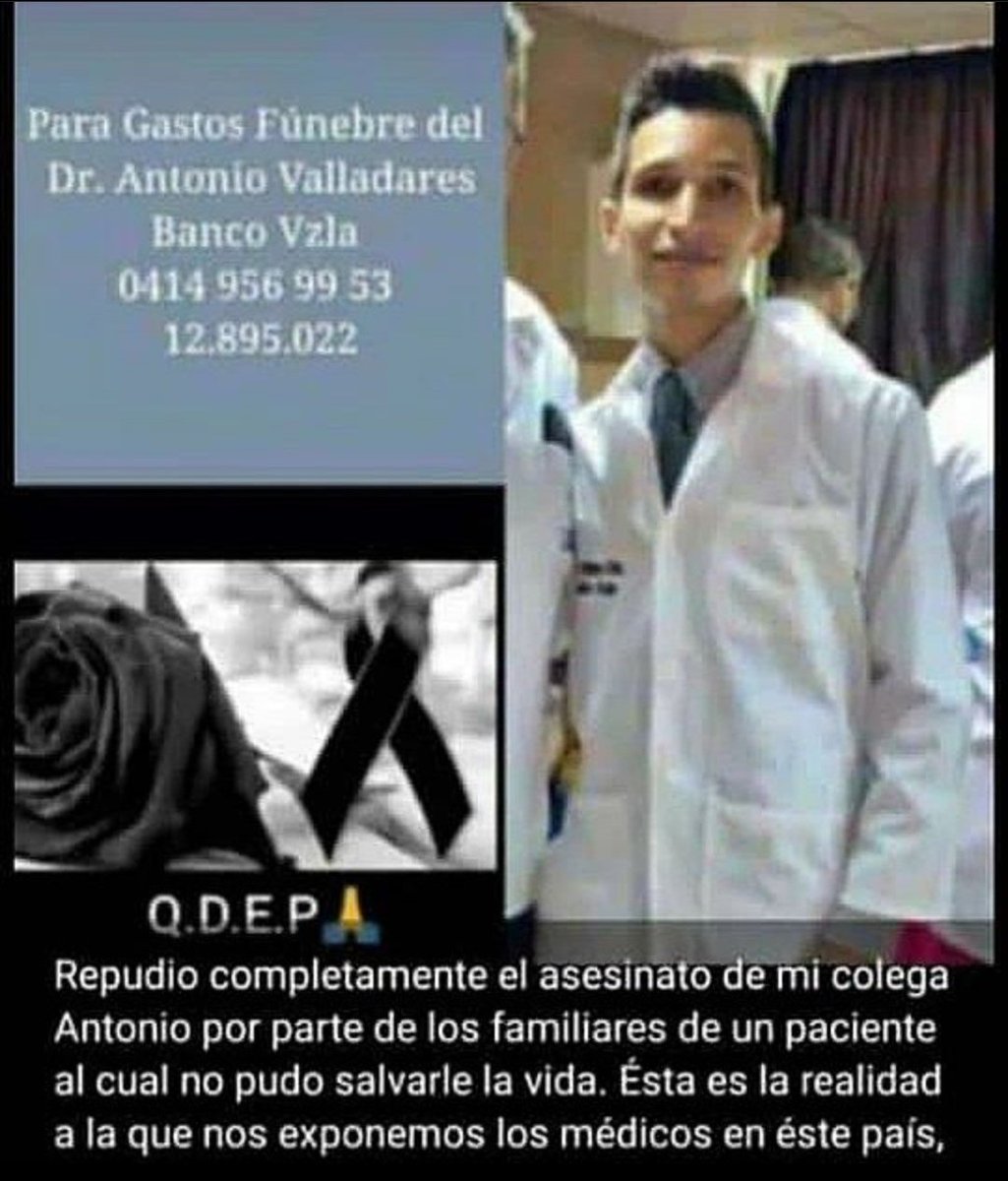 Terrible noticia la del asesinato de un Médico de apenas 28 años por no poder salvar una vida por falta de insumos. Esto es consecuencia de la degradación social que existe en el país. Se ha instaurado durante años un lenguaje del odio hacia el personal de salud que a diario hace