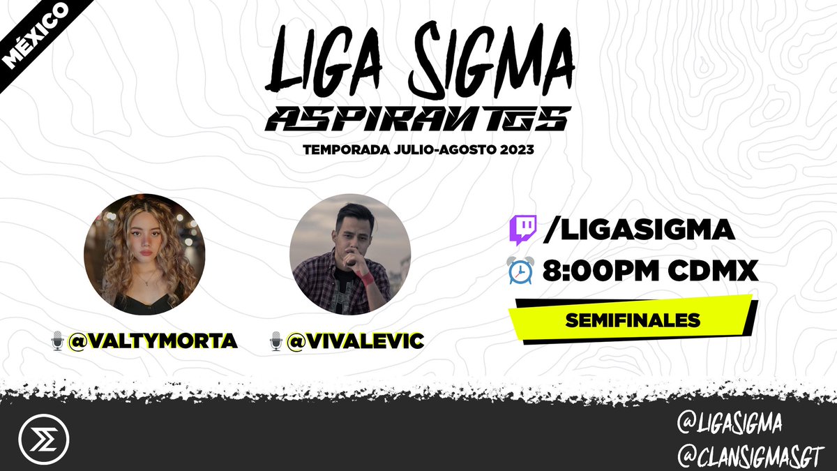 Liga Sigma eSports (@ligasigma) on Twitter photo No te pierdas hoy las semifinales de la #LigaSigma Aspirantes, en vivo a través de:
📺twitch.tv/ligasigma
La transmisión será narrada por nuestros casters:
🎙️<a href="/ValtymorTA/">ValtymorTA 🌺</a>
🎙️@SoyVivaLeVic
Encuentros:
⚔️ @GnSklOficial_ vs <a href="/NostalgiaGnesis/">𝐍𝐨𝐬𝐭𝐚𝐥𝐠𝐢𝐚</a>
⚔️<a href="/empire_esportsx/">Empire Esports by G-Site</a> vs <a href="/TeMpTcA/">TeMp Tactical</a> No te pierdas hoy las semifinales de la #LigaSigma Aspirantes, en vivo a través de:
📺twitch.tv/ligasigma
La transmisión será narrada por nuestros casters:
🎙️<a href="/ValtymorTA/">ValtymorTA 🌺</a>
🎙️@SoyVivaLeVic
Encuentros:
⚔️ @GnSklOficial_ vs <a href="/NostalgiaGnesis/">𝐍𝐨𝐬𝐭𝐚𝐥𝐠𝐢𝐚</a>
⚔️<a href="/empire_esportsx/">Empire Esports by G-Site</a> vs <a href="/TeMpTcA/">TeMp Tactical</a>
