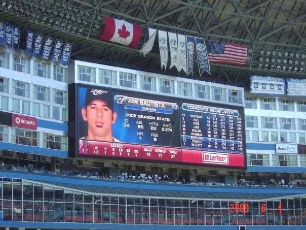 KennyDWallace's tweet photo. Jose Bautista is joining the #Toronto @BlueJays Level of Excellence today. Here he is on the Jumbotron on 4 June 2009 in a game against the Angels. I had no idea what a star he would become. 

@JoeyBats19 #nextlevel #LevelOfExcellence #BlueJays #CanadasTeam https://t.co/RGrhRQTbJG