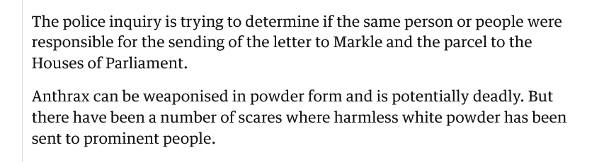 @Amberium4u @JodelMikel @DarkPrince751 ah sugar your anger is showing , we all know about the powder , its not unknown was not dangerous , it was sent to several offices at St James Palace and Feb 13, 2018 — A suspicious package delivered to an office in the Houses of Parliament contained “non-harmful” white powder,