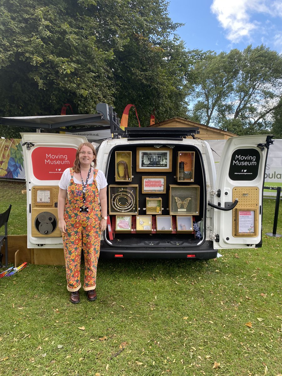 BeestinEleanor's tweet photo. A great day @Doncaster_Pride with our Moving Museum! 🏳️‍🌈 Had great chats about the objects with so many people, everyone from toddlers to drag queens. Unfortunately I now have a blister from making hundreds of badges, but all part of the outreach experience! 🌈 https://t.co/e7mbIhp5yQ