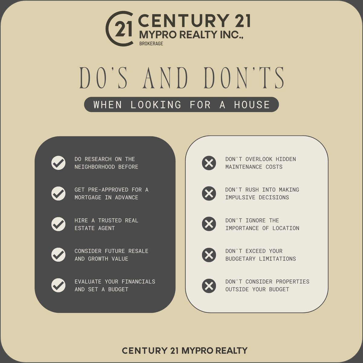 Considering a home purchase? 🏡 Here's a crucial guide on the do's and don'ts to ensure a smooth journey. Remember, having a trusted partner like Century 21 MyPro Realty by your side can make all the difference. 🌟

 #HomeBuyingGuide #RealEstateExpertise