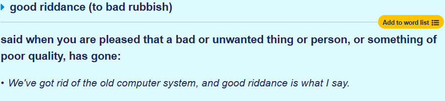 📢 CHEGA!!! Estão criando rumores do meio do nada da eliminação da Jeongeun de novo, e dessa vez até com uma # com o termo "Good Riddance":

Good Riddance = "Dito quando você está aliviado que uma coisa ou pessoa ruim ou indesejável, ou algo de má qualidade, foi embora" [+]