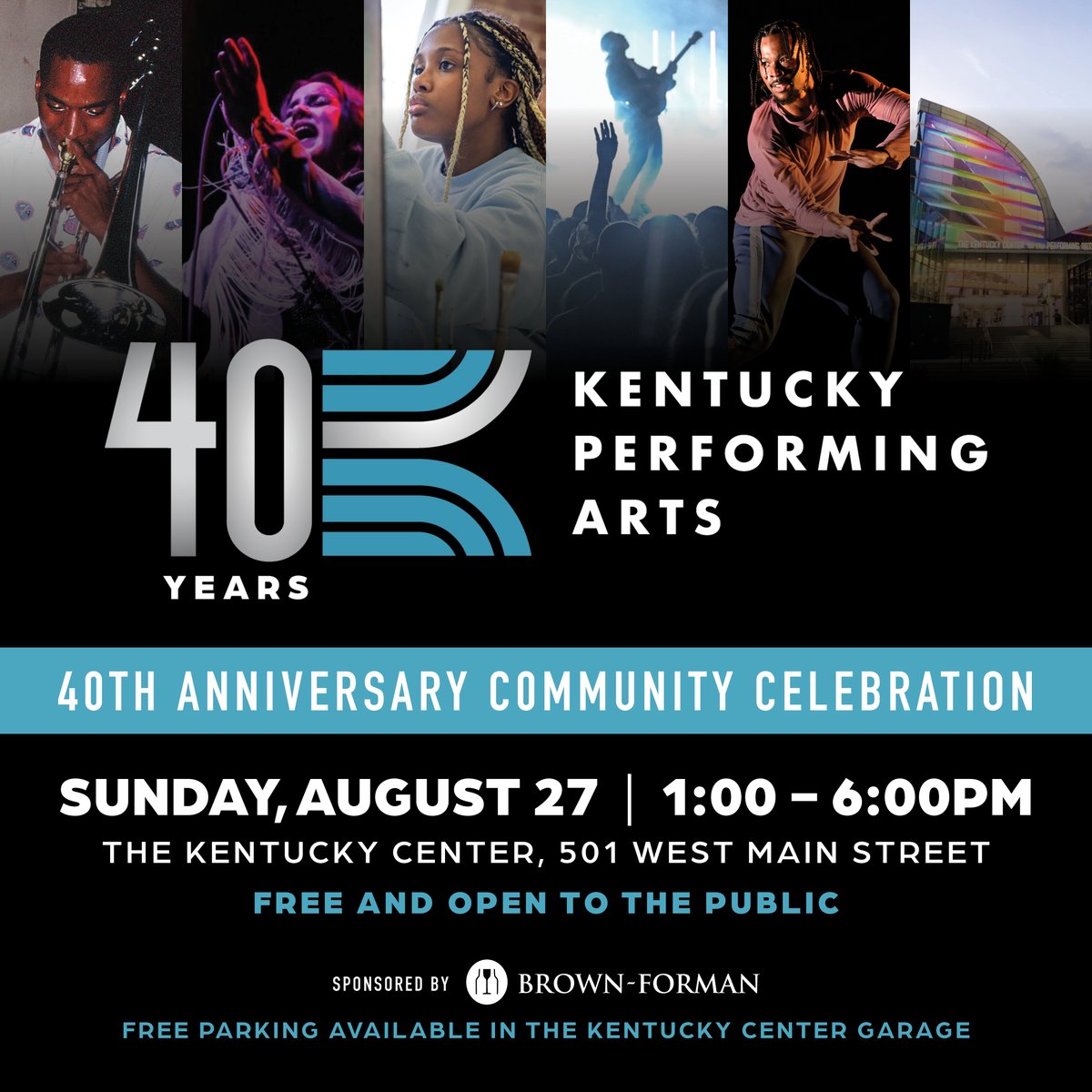 Sunday, August 27, celebrate 40 years of @KyCtrArts & @kyperformingart! Join us for a day of FREE events for the whole family, including live performances, unique activities with our @KYGSA alumni, @LouSilentDisco, backstage tours, and more! Learn more: bit.ly/KPA40thCelebra….