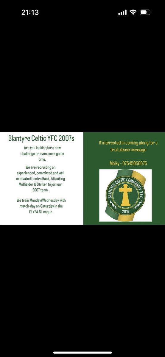 Our 2007’s team are looking for a Centre Back and Striker. If you are looking for a new team please get in touch through DM or the number below.⚽️