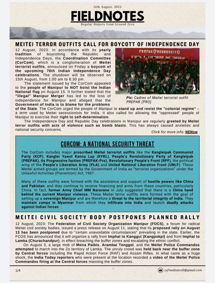 valte_min's tweet photo. FIELDNOTES
Regular Reports From Ground Zero
📍
•Meitei Terror Outfits Call For Boycott Of Independence Day
•Meitei Civil Society Body Postpones Planned Rally
...
And More 👇
#ManipurViolence
@narendramodi @AmitShah @rashtrapatibhvn @NBirenSingh @BDUTT @themojostory @htTweets https://t.co/U6GtGX7viv