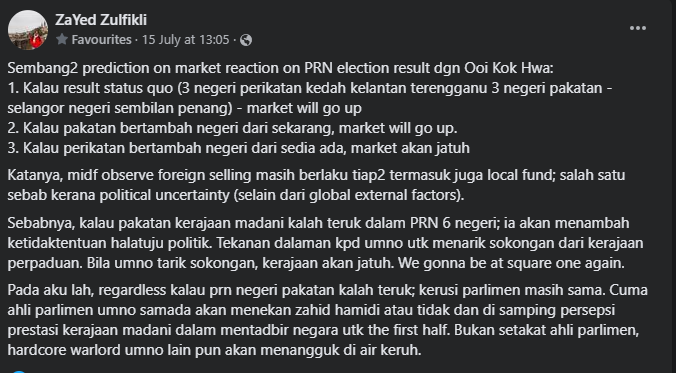 najibfazail's tweet photo. Aku kongsikan balik tulisan @ZZulfikli : kesan keputusan PRN dan reaksi terhadap pasaran saham.

Kes 1, status quo - market will go up. 

Hemataku, kerajaan peresekutuan sekarang dah banyak ambil inisiatif untuk rancakkan kembali market. 

Probably positive for the next 5 years? https://t.co/NIYXR7mIbu