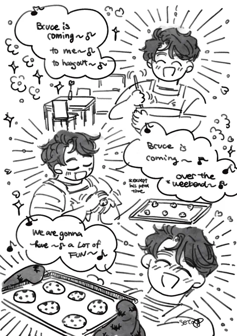 Battinson #superbat / Clark baked cookies for BruceBruce will take some home for Alfred (and he brags about how sweet of Clark to do this for him) いいねの数だけクッキー焼きました。アルフレッドにお土産で持ってかえります。  1-2: in English  3-4: 日本語