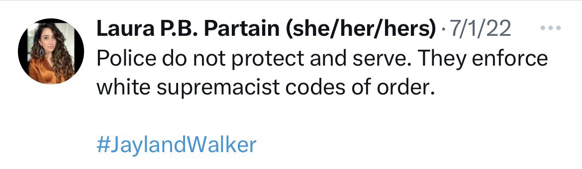 TPUSAOhioState's tweet photo. Todays professor is Laura Partain. She is anti police and says they enforce white supremacy. What an ignorant comment. #crazyprofessor #antipolice #professorwatchlist #ignorance #weneedmorepolice #BlueLivesMatter https://t.co/A30clGY8Bq