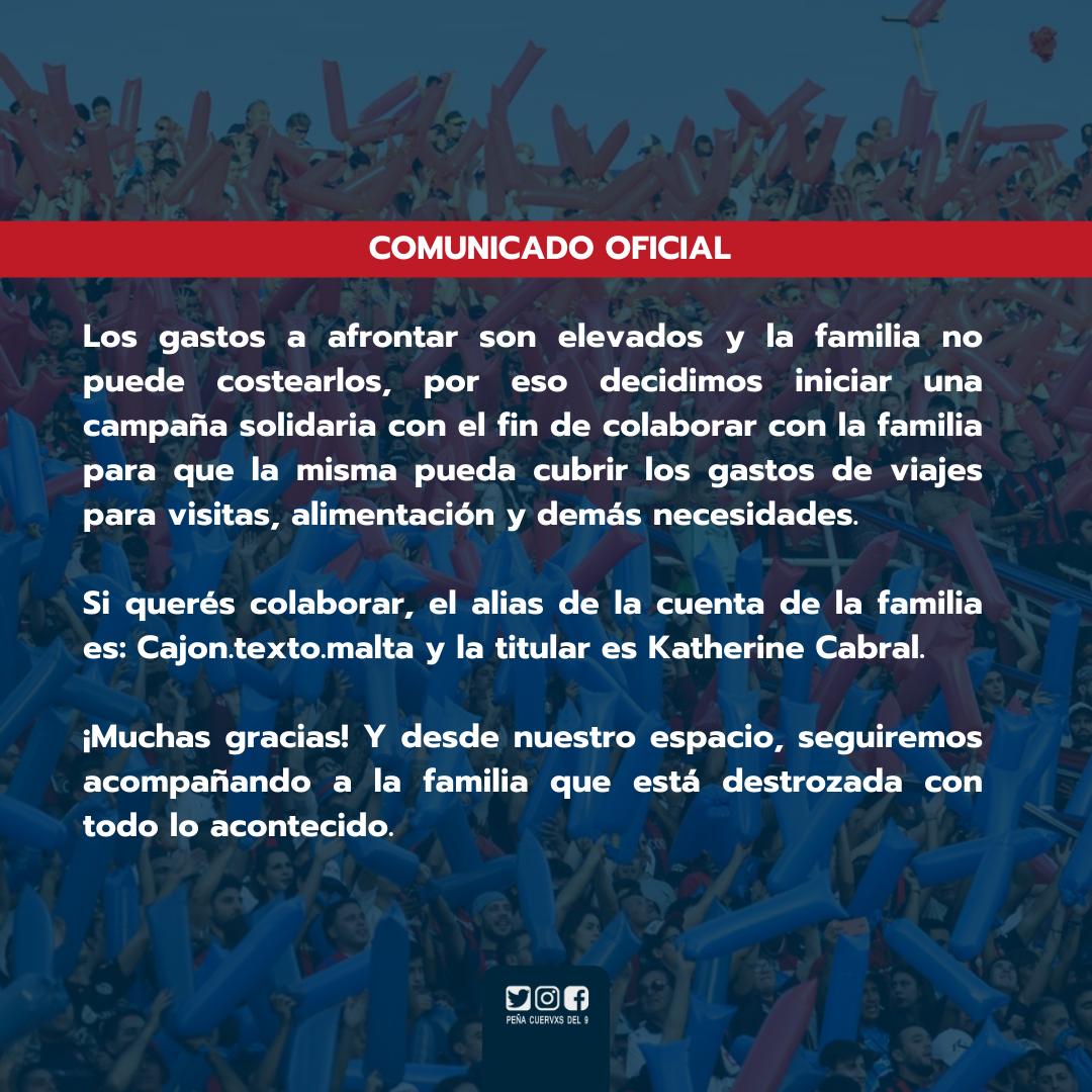 Cuervosdel9_'s tweet photo. COMUNICADO OFICIAL 

En base a los acontecimientos del pasado 10/8, la Peña de 9 Julio deja en claro su posición al respecto.

Agradecemos a todas las personas que están comprendiendo y acompañando a la familia en este momento e invitamos a que quien pueda y lo sienta, colabore. https://t.co/DoQBfAwSUv