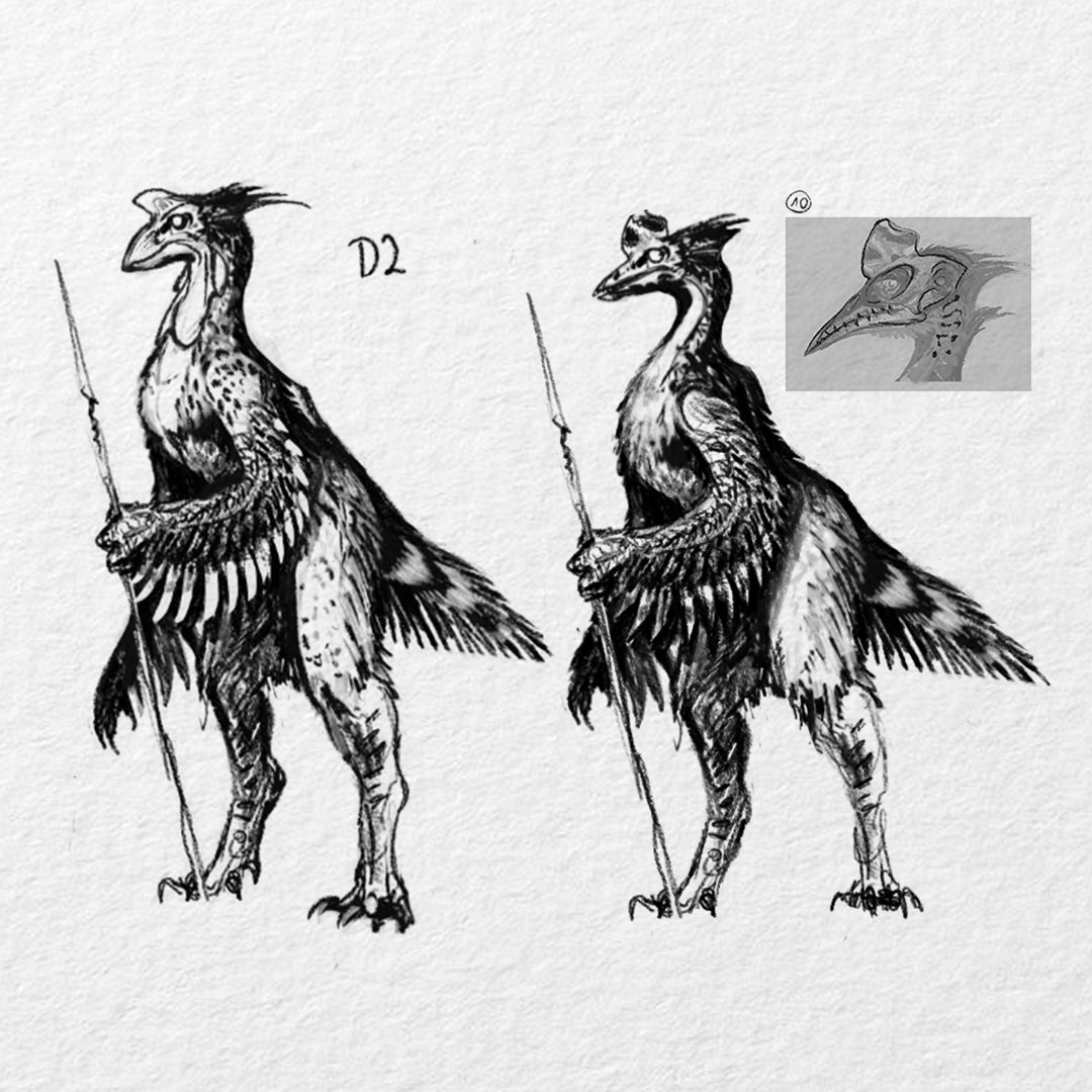 quantumspinstu's tweet photo. Our early concept sketches for the Runzhé, Vesser’s paravian nesters. Similar to a bird-dinosaur hybrid. 

*Art by Gabe McAlpine* https://t.co/pUngmFdYoz