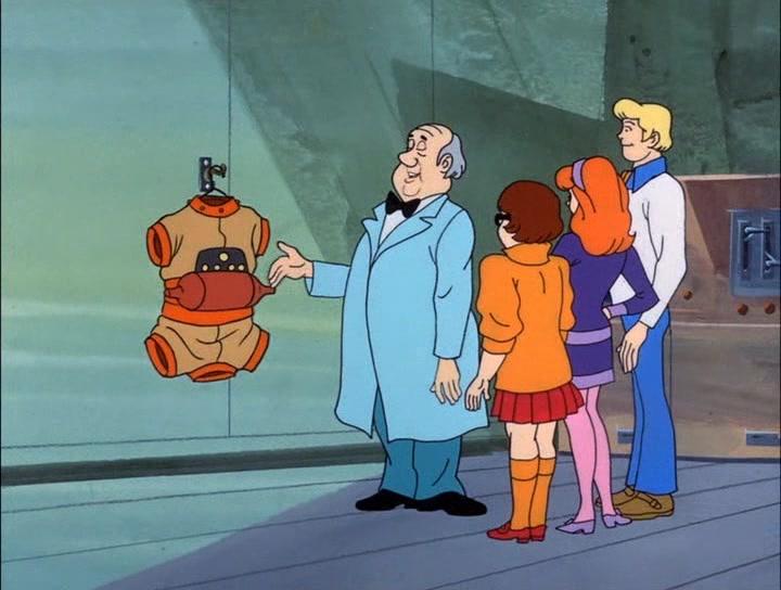 modhattr's tweet photo. Professor Flaky: "A rubber suit with holes for the head, arms, and legs."
Daphne: "What's that sixth hole for?"
Fred: "Folsom!" https://t.co/T4METhd7P1