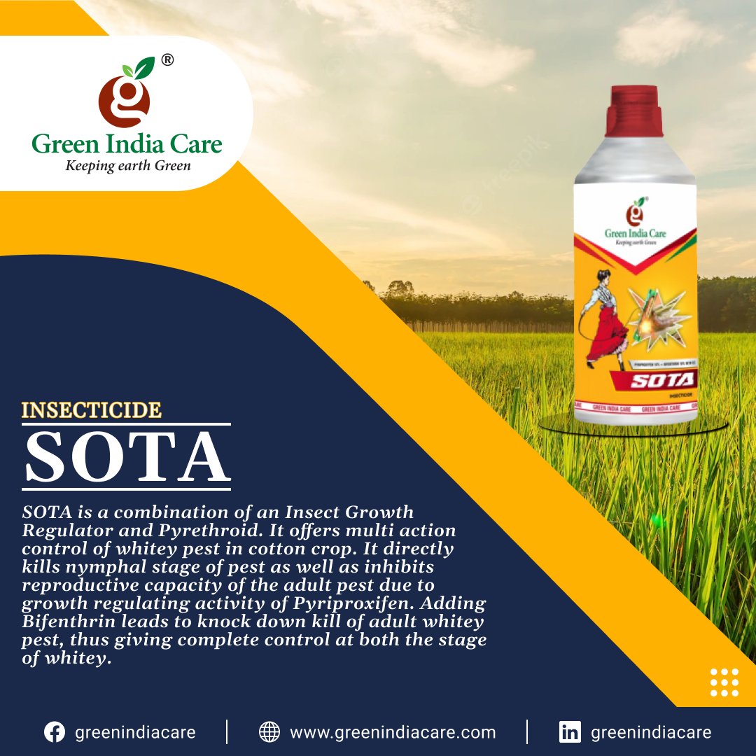 GreenIndiaCare's tweet image. SOTA is a combination of an Insect Growth Regulator and a Pyrethroid. It offers multi-action control of whitey pests in cotton crops.
#sota #insecticide #pyrethroid #crops #agriculture #fertilizers #agrochemical #greenindiacare