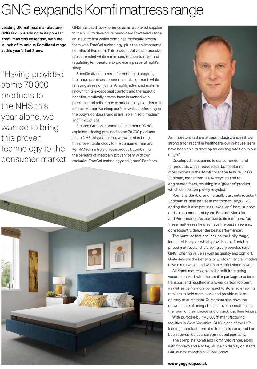 Check out the August edition of <a href="/FurnitureNewsED/">Furniture News</a> magazine which highlights our brand new KomfiMed range (p96). Plus, why not view KomfiMed at the #NationalBedShow held in Telford (26 - 27 Sept).

issuu.com/gearingmediagr…

#Mattresses #PressCoverage