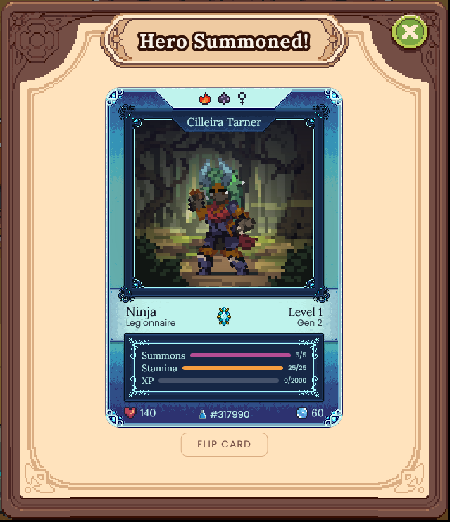 boggsee33's tweet photo. Welcome #Tarner the Ninja
First Summon from our Newly joined #Mythic Pair is off to a great start!
Our hero's have been Mythically #celebrating all day and i haven't sent a single one on #quests to enjoy the festivities. (aka been busy with my pets)
@DeFiKingdoms https://t.co/mX4AVo02ay