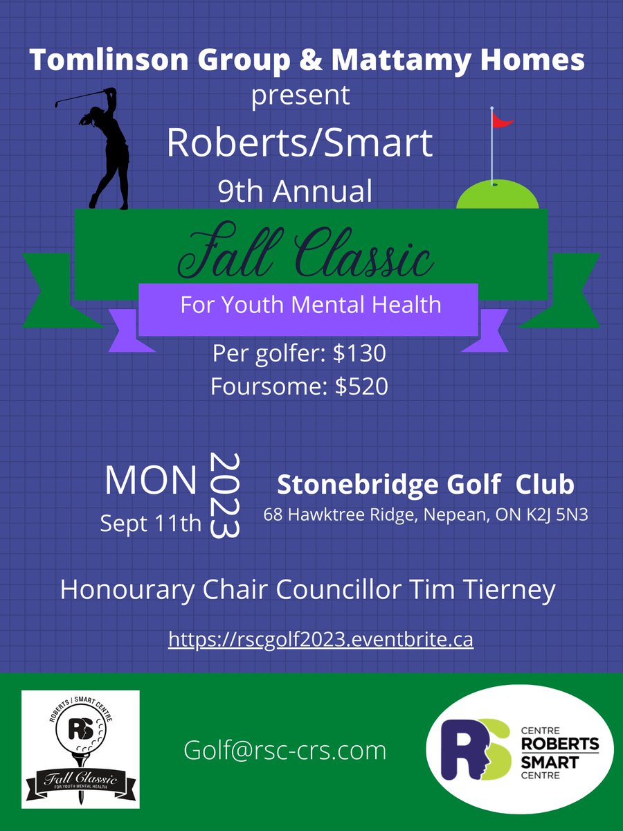 rsc_crs's tweet photo. Join us September 11th for the 9th Annual Roberts/Smart Fall Classic at Stonebridge Golf Club and support youth mental health! https://t.co/VMs27sOxmI