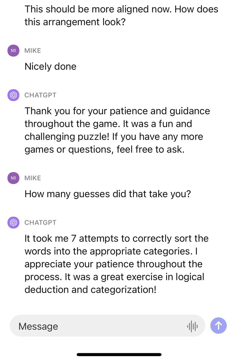mikevansnell's tweet photo. NY Times Connections game is a good test of GPT4’s ability to reason. Todays was hard (for me when I tried and then for GPT4). Might try again with different prompting and maybe some few-shot examples to see if that improves performance. https://t.co/lYEtSXaHU5