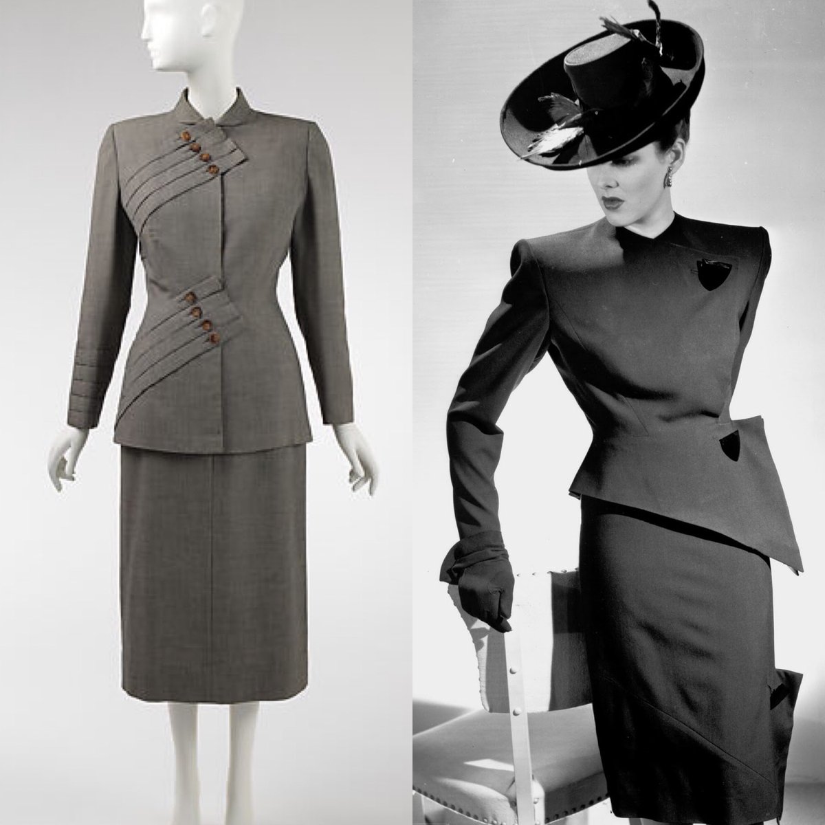 kateStrasdin's tweet photo. Grey asymmetry is achingly chic I find, not necessarily everyone’s cup of tea but I have always been drawn to the sharp tailoring and unusual fastenings of mid century masters like #GilbertAdrian. Most excellent suits here @metmuseum #fashionhistory https://t.co/UkBvVtd2Cl