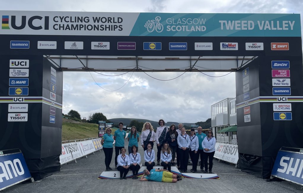 BordersCounty's tweet photo. #TeamGlentress 6th and final day @CyclingWorlds . An amazing way to finish - another GB GOLD! The roar from the crowd was fantastic to experience. Some fun photos after everyone had gone home - the podium was moved to the finish line. That’s a Wrap! @GirlguidingScot @Girlguiding https://t.co/I0Gmy0WGYi