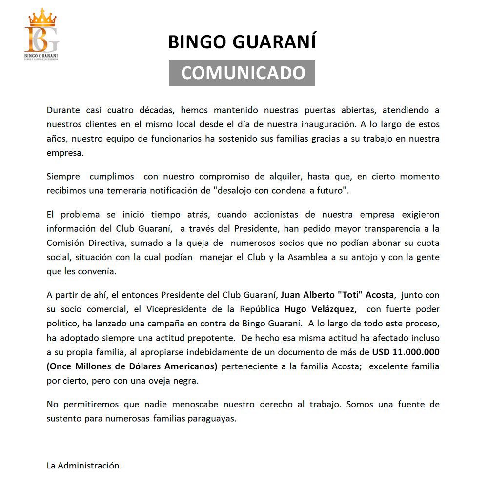 angydomi's tweet photo. ℹ️🅿️ El Bingo Guaraní se pronuncia sobre el comunicado del Club Guaraní. 
Se nombra a Hugo Velázquez como protector político y vínculo comercial con Toti Acosta.✍️ https://t.co/9KueYRRKGr