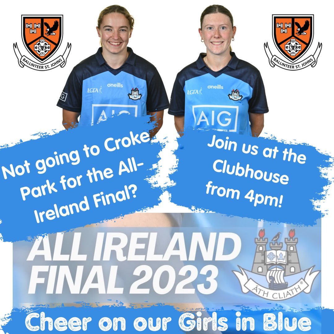 Huge Day for Orlagh, Grace & the Dubs tomorrow! 

Not going to Croke Park?  Join us to cheer on the @dublinladiesg team at our Clubhouse tomorrow from 4pm!

#SeriousSupport from Ballinteer St Johns for Orlagh, Grace and all the Dubs!

#COYGIB #EffortIsEqual #UptheDubs